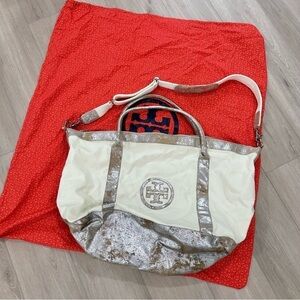 Tory Burch Cream and Metallic Gold Canvas Tote